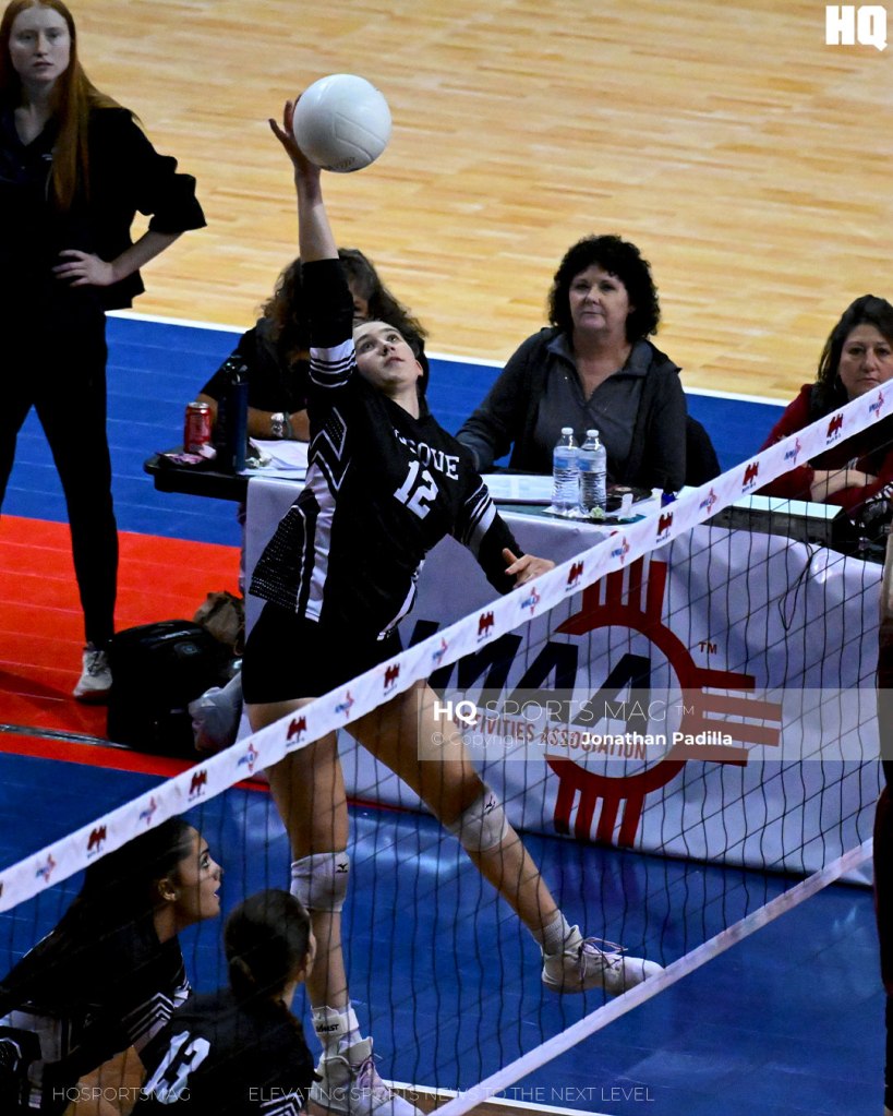 Ella Pockman of Bosque Prep attempts a spike for Bosque during the 2022 NMAA State Volleyball Championships.