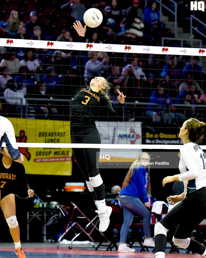 Reese Russell spikes the ball for Eldorado during the 2022 NMAA State Volleyball Championships.