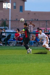 Gustavo Olivas (2) of Rio Grande heads the ball during the boys’ semifinal match of the APS Metro Soccer Championships against Atrisco Heritage Academy.