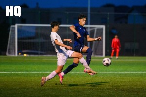Pedra Arana (11) of La Cueva and a Rio Rancho defender battle against each other to gain possession of the ball at the APS Soccer Complex during a semifinal matchup for the APS Metro Soccer Championships.