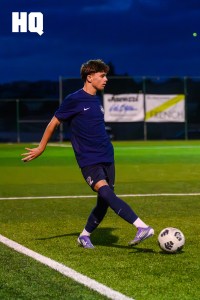 La Cueva senior Brodie Hayden (12) passes the ball during a semifinals matchup against Rio Rancho for the APS Metro Soccer Championships.