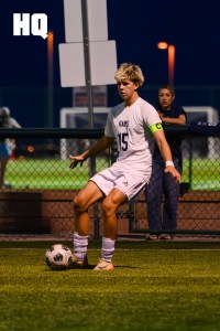 Parker Dunn (15) of Rio Rancho prepares to strike the ball during match against La Cueva in the APS Metro Soccer Championships.