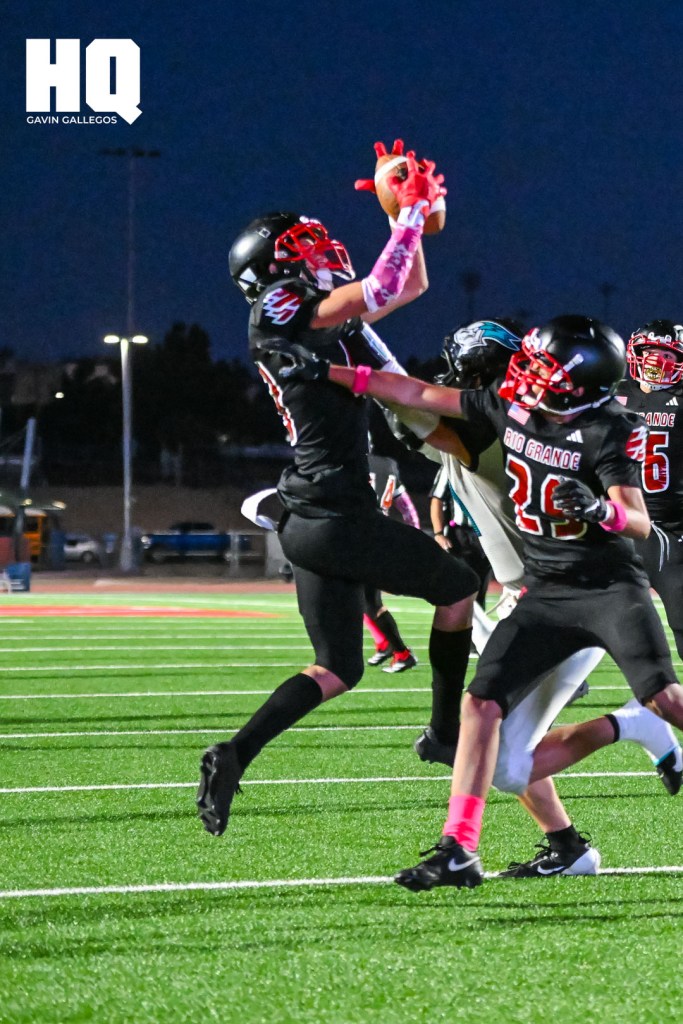 Rio Grande’s Fernando Gonzalez (13) intercepts a pass from Del Norte during their district matchup against each other at Milne Stadium in Albuquerque, NM. Gavin Gallegos/HQ SportsRio Grande’s Fernando Gonzalez (13) intercepts a pass from Del Norte during their district matchup against each other at Milne Stadium in Albuquerque, NM. Gavin Gallegos/HQ Sports