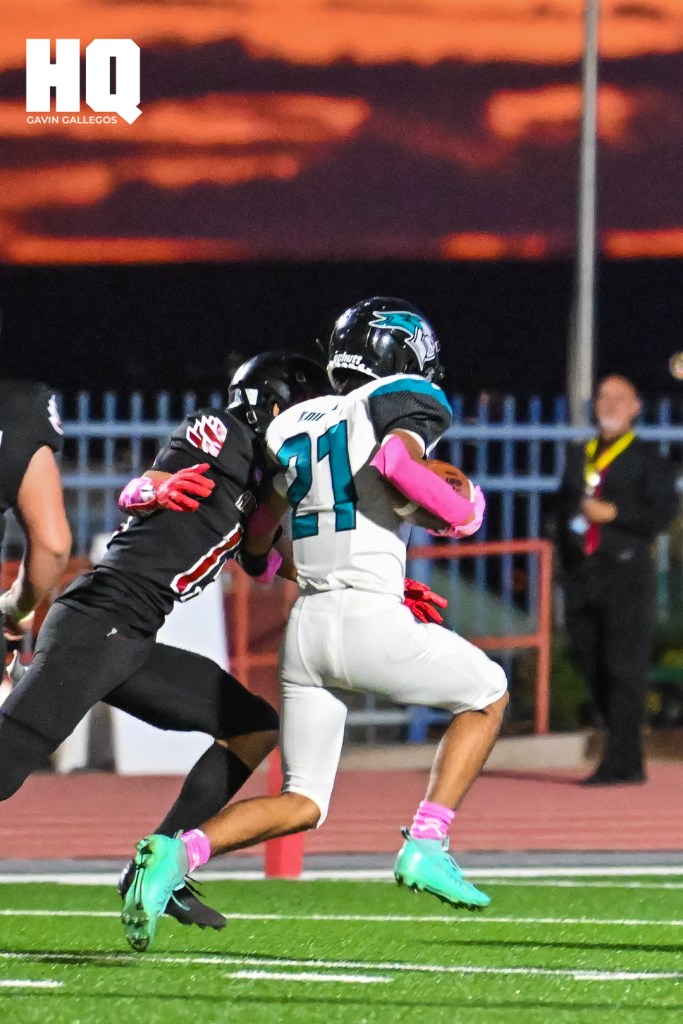 Del Norte’s Guage Perez (21) advances the ball downfield after his interception during his district matchup against Rio Grande high school at Milne Stadium. Gavin Gallegos/HQ Sports