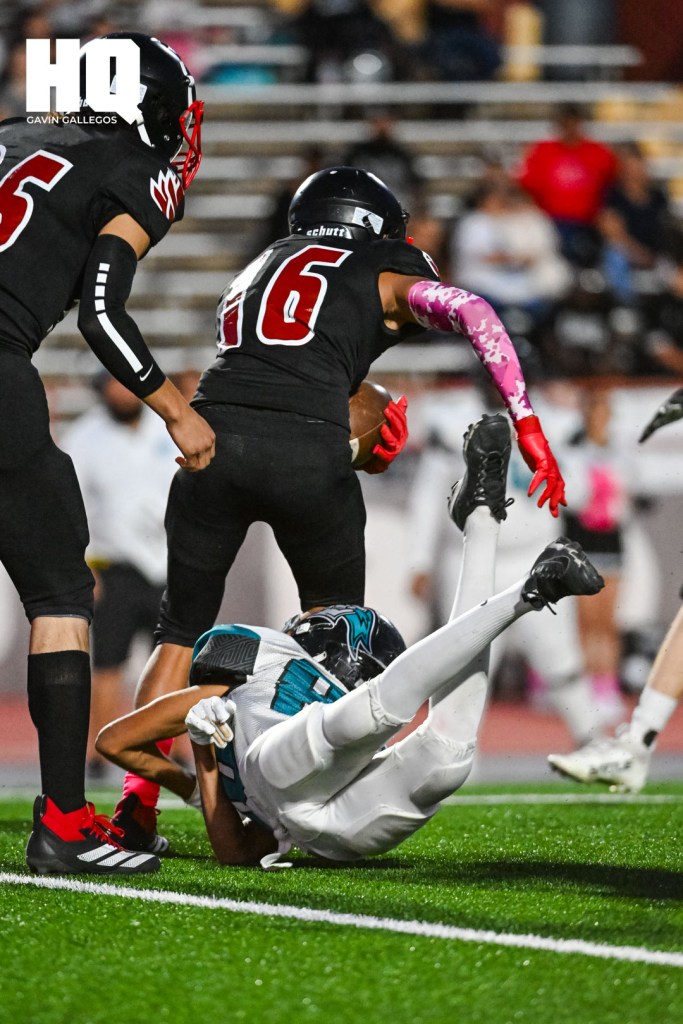 Rio Grande wide receiver Andrew Maestas (16) evades a tackle attempt while advancing the ball in his district matchup against Del Norte at Milne Stadium. Gavin Gallegos/HQ Sports