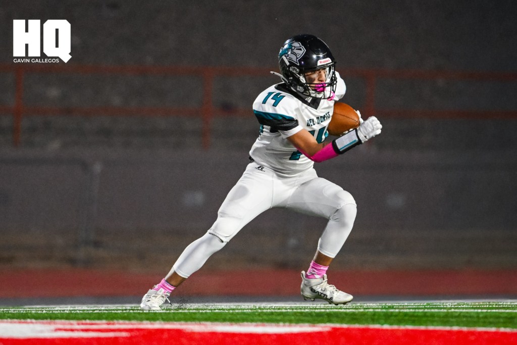 Del Norte senior Isaac Alatriste (14) advances the ball in a district matchup against Rio Grande at Milne Stadium. Gavin Gallegos/HQ Sports