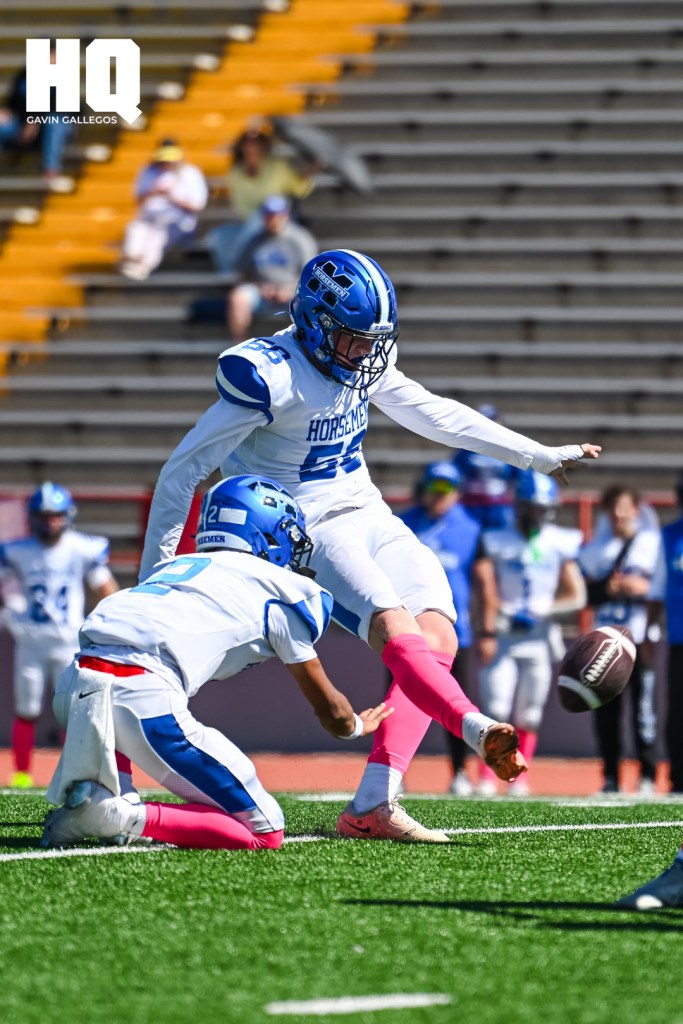 Noah Redus (58) of St. Michael’s kicks the ball for an attempt at an extra point following a touchdown during a district matchup against Hope Christian at Wilson Stadium. Gavin Gallegos/HQ Sports