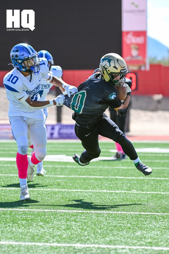 St Michael’s Aiden Cedillo (10) puts an end to Hope Christian’s Ethan Carter’s (0) advancement during a matchup against each other at Milne Stadium in Albuquerque, NM. Gavin Gallegos/HQ Sports