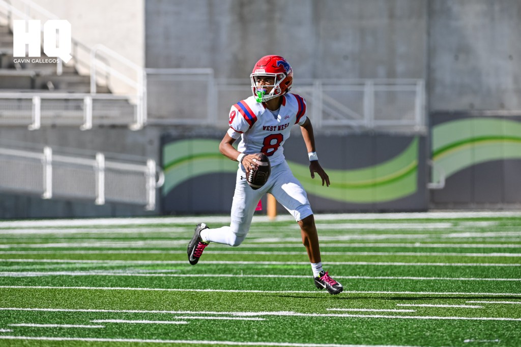 West Mesa's Jericho Brody (8) scrambles while looking for an open teammate during a district matchup against Atrisco Heritage Academy at Nusenda Community Stadium in Albuquerque, NM. Gavin Gallegos/HQ Sports