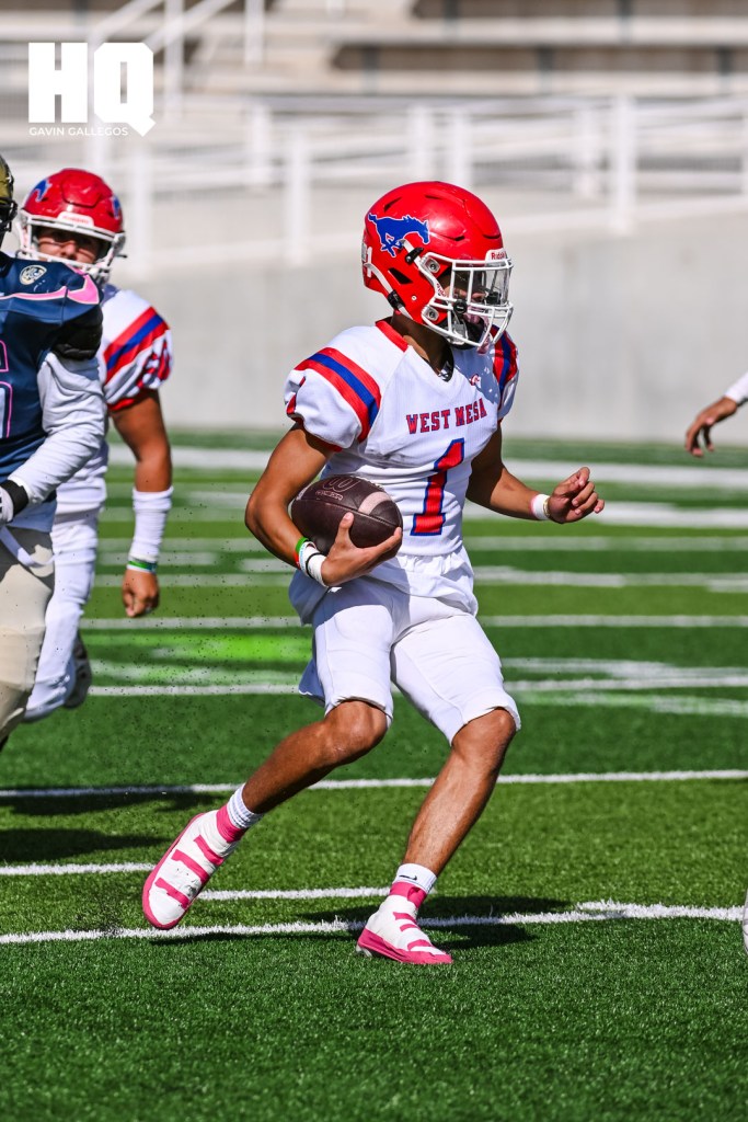Jaedon Woods, (1) a West Mesa senior advances the ball against Atrisco Heritage Academy in a district game at Nusenda Community Stadium on October 4, 2025. Gavin Gallegos/HQ Sports