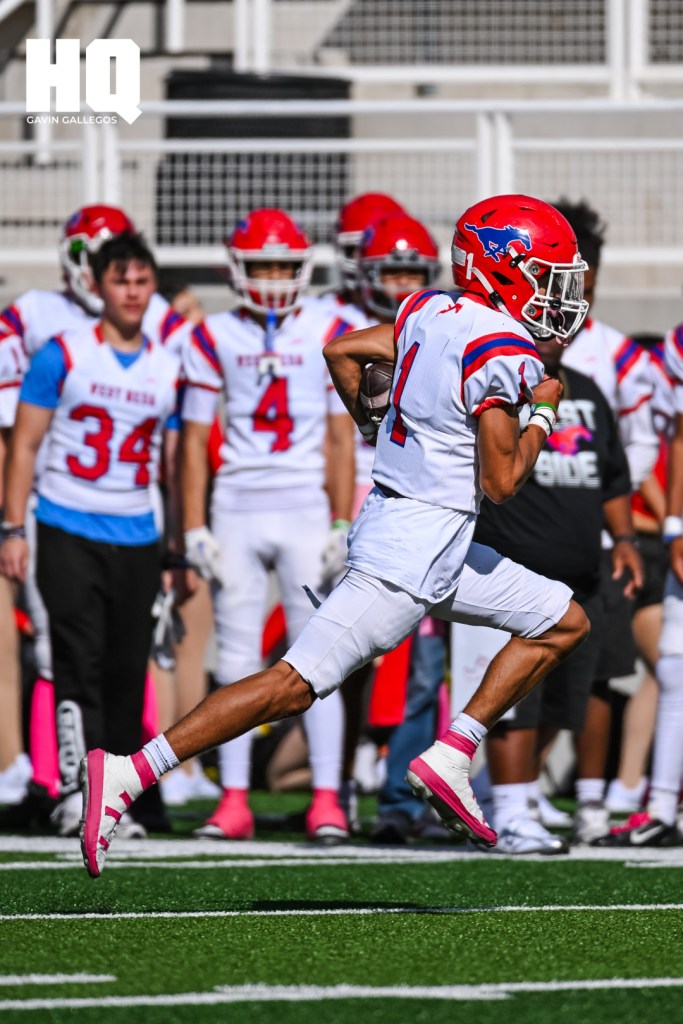 West Mesa's Jaedon Woods (1) runs the ball up field to gain yardage for the Mustangs in a district matchup against Atrisco Heritage Academy at Nusenda Community Stadium. Gavin Gallegos/HQ Sports