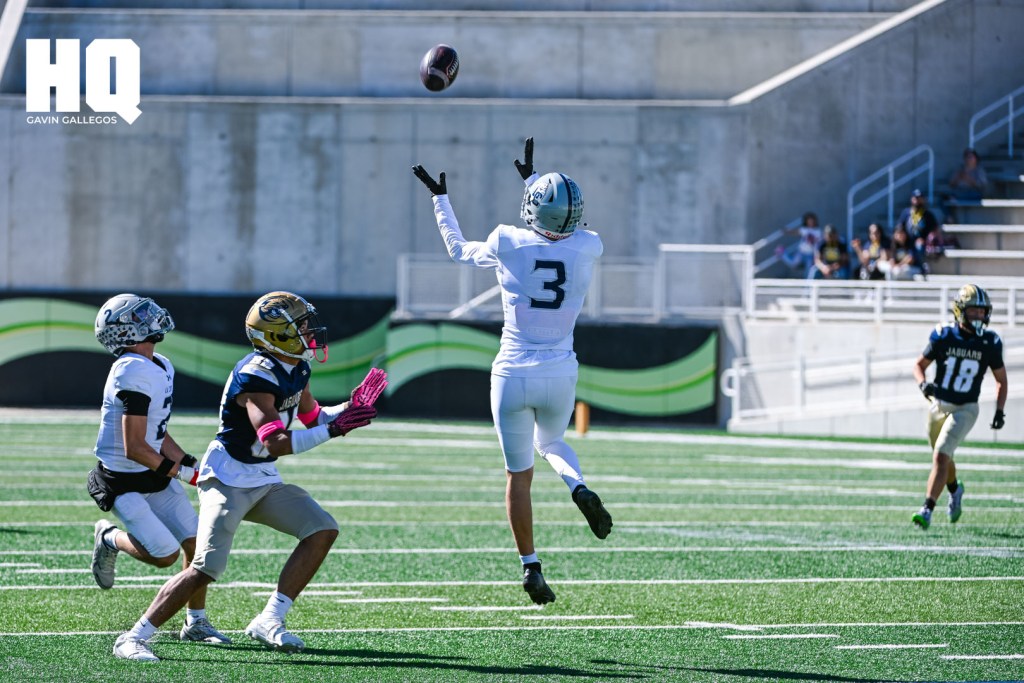 Jhett Kinghorn, (3) a senior defensive back of La Cueva positions himself perfectly in order to catch an interception at Nusenda Community Stadium during a district matchup against Atrisco Heritage Academy. Gavin Gallegos/HQ Sports