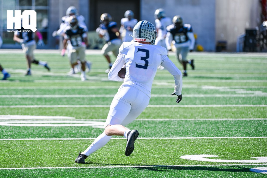 Following an interception, Jhett Kinghorn (13) of La Cueva advance the ball for the Bears in a district game against Atrisco Heritage Academy at Nusenda Community Stadium in Albuquerque, NM on October 18, 2025. Gavin Gallegos/HQ Sports