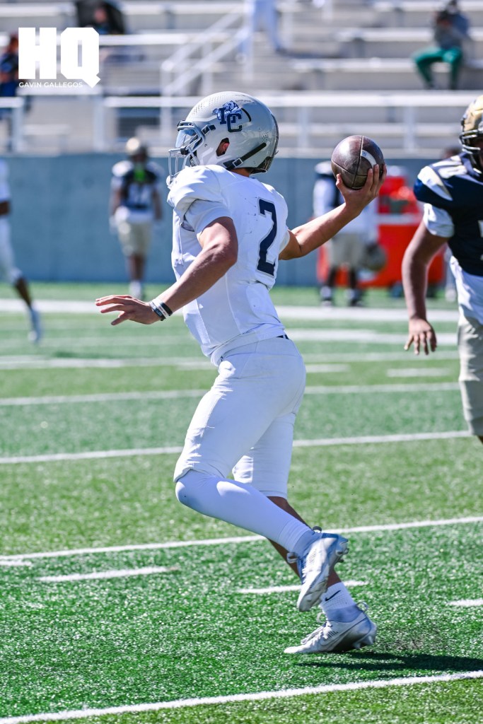 Cainen Montano (2) of La Cueva prepares to pass the ball during a district game against Atrisco Heritage Academy at Nusenda Community Stadium. Gavin Gallegos/HQ Sports
